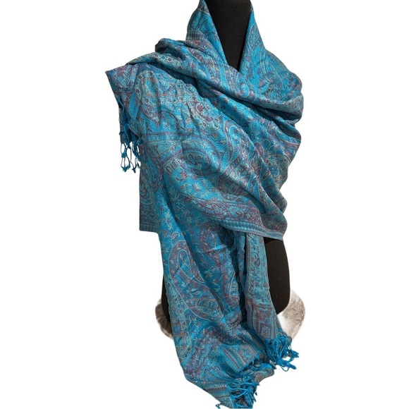 Elegant Shawl in Turquoise Blue Paisley - Versatile Wrap, Scarf, Veil Soft Rayon - Picture 6 of 16